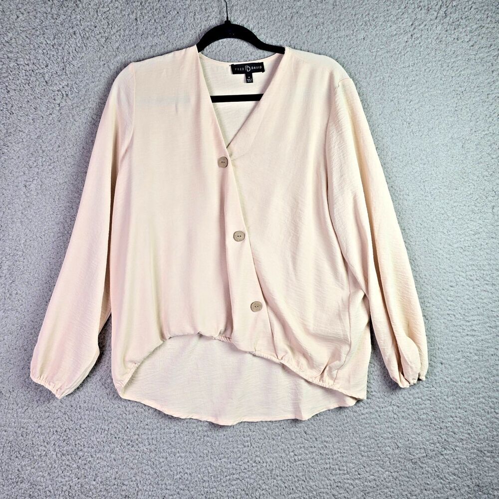Fred David Womens Blouse M Cream Polyester Draped Hem Button Front Minimalist